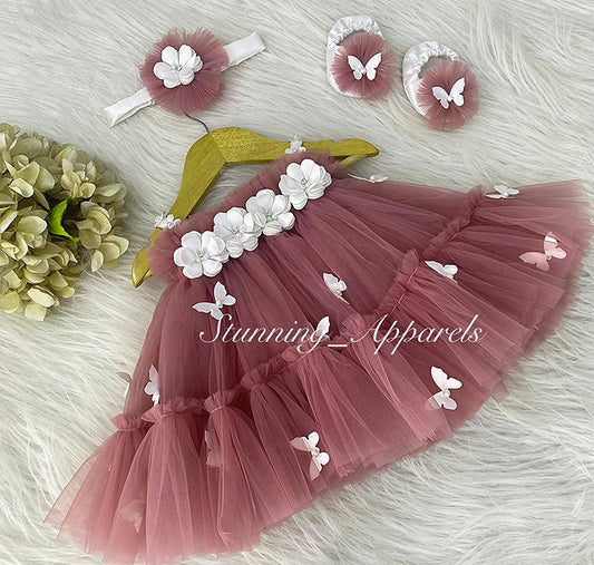 Butterfly Work Cute Party Wear Mustard Brown Umbrella Dress