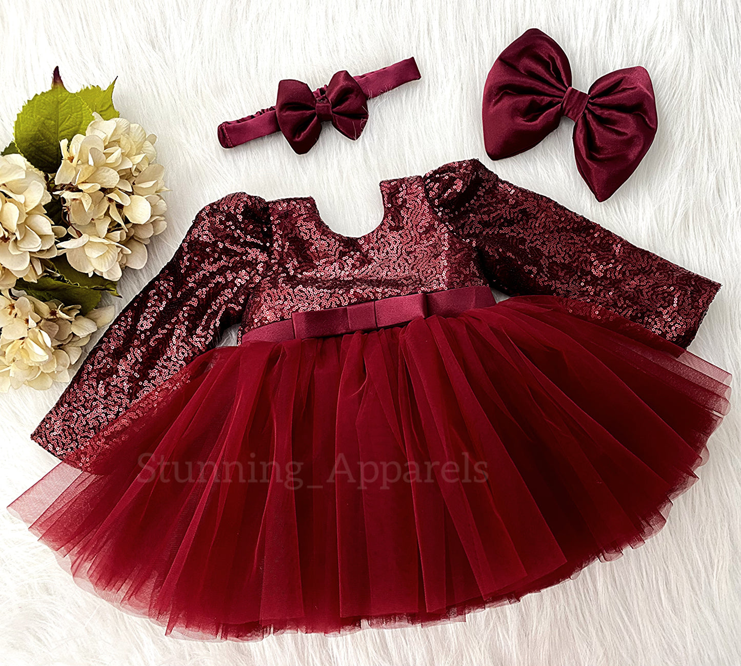 Stylish Long Sleeves Satin Bow Party Wear Maroon Frock