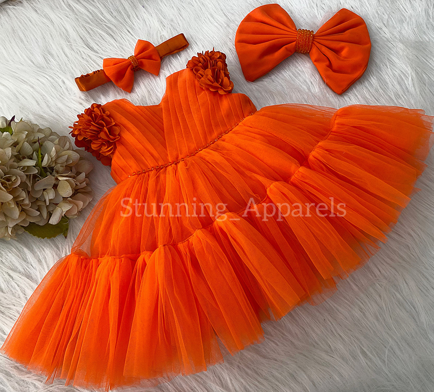 Beautiful Cape Sleeves Flower Work Ruffled Orange Frock