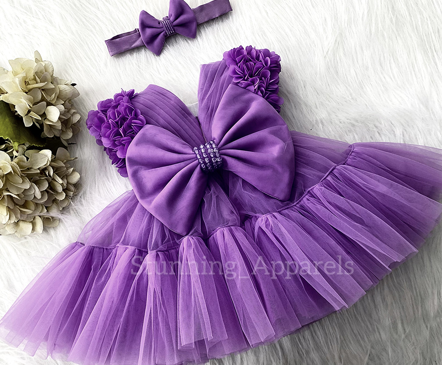 Beautiful Cape Sleeves Flower Work Ruffled Dark Lavender Frock