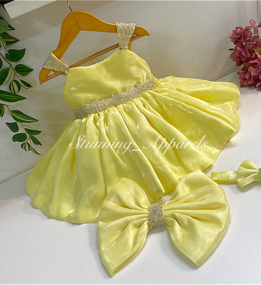 Designer Premium Hand Work Lemon Yellow Dress