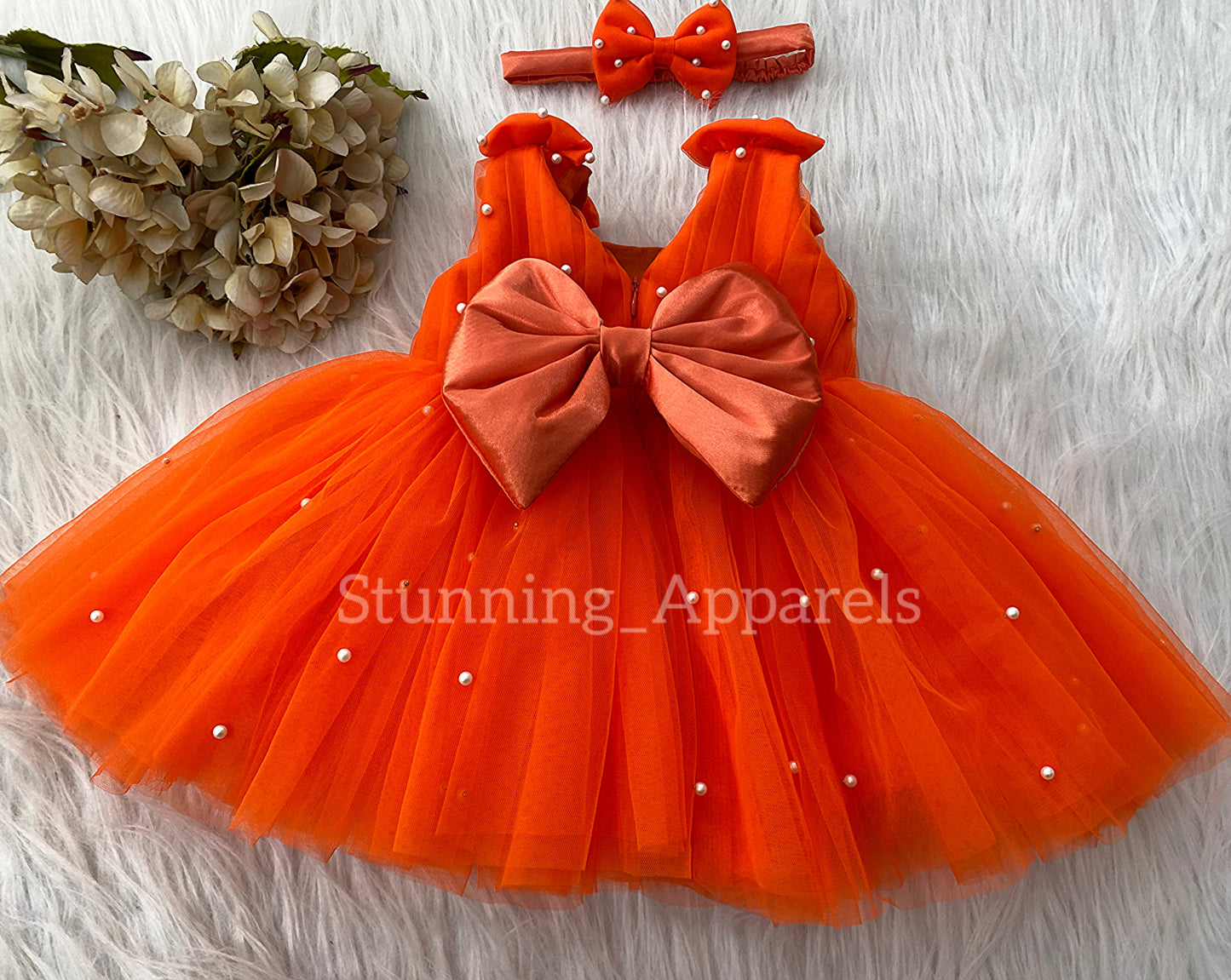 Shoulder Bow White Pearls Work Orange Frock