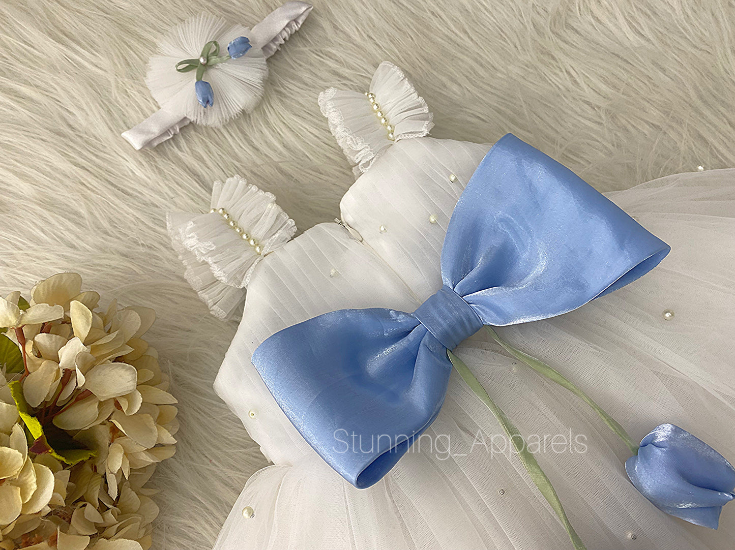 Pastel Blue Tulip Flower Work Party Wear White Dress