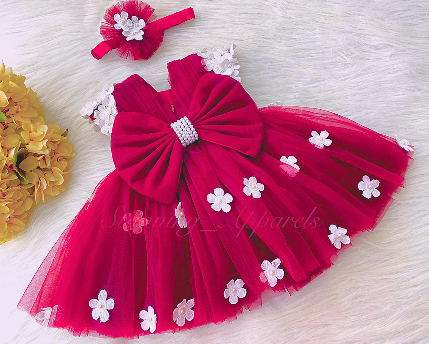 Cute White Flower Work Cape Sleeves Magenta Pink Frock