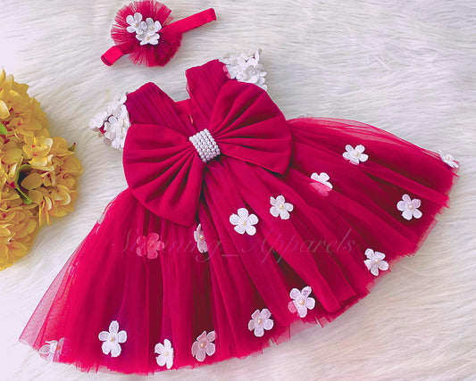Cute White Flower Work Cape Sleeves Magenta Pink Frock