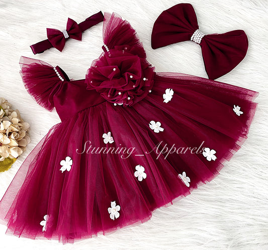 White Flower Work Strapped Sleeves Ruby Red Frock