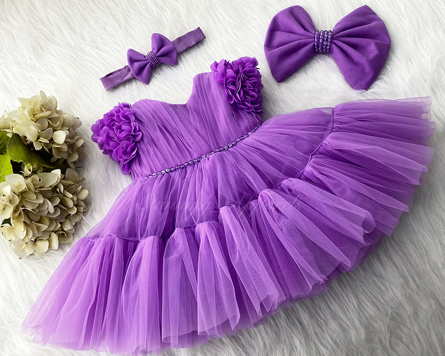 Beautiful Cape Sleeves Flower Work Ruffled Lavender Frock