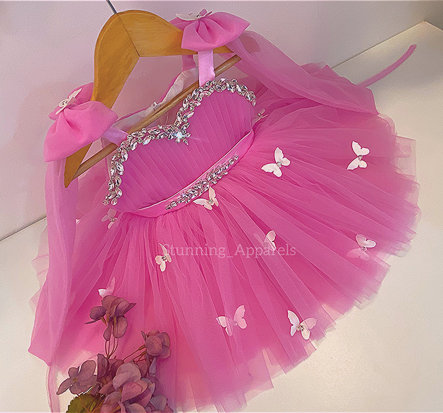 Designer Neckline Hand Work Butterfly Flamingo Pink Dress