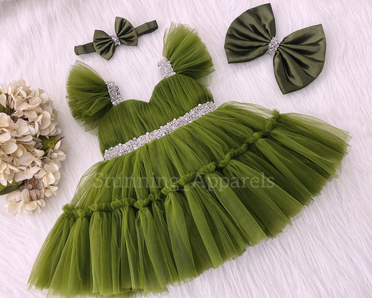 Designer Sweetheart Neckline Hand Work Olive Green Frock