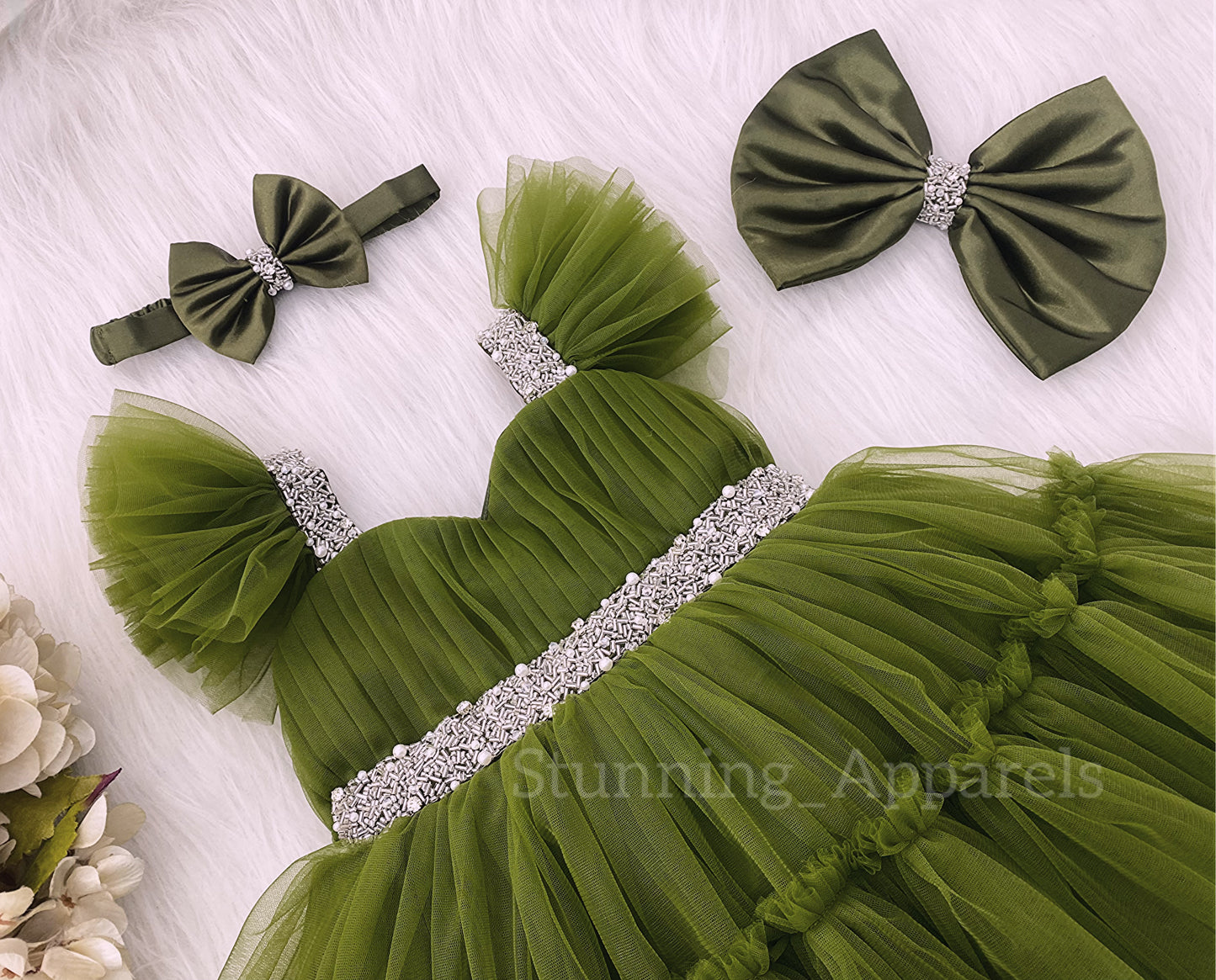 Designer Sweetheart Neckline Hand Work Olive Green Frock