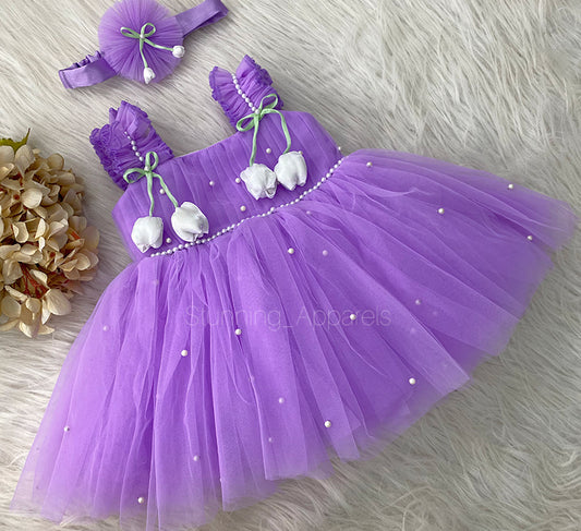 White Tulip Flower Work Party Wear Lavender Dress