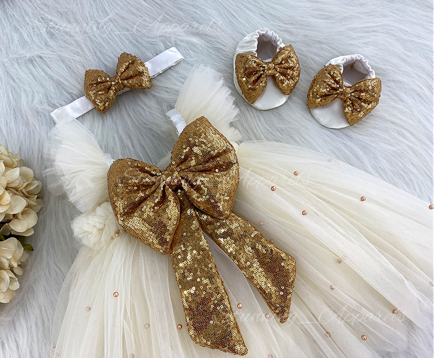 Golden Sequins Bow Party cream umbrella Dress