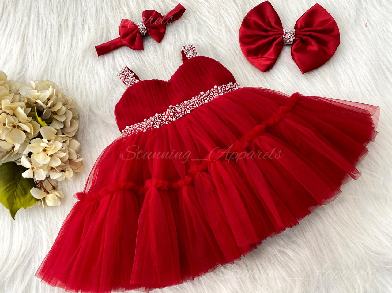 Designer Sweetheart Neckline Hand Work Red Green Frock