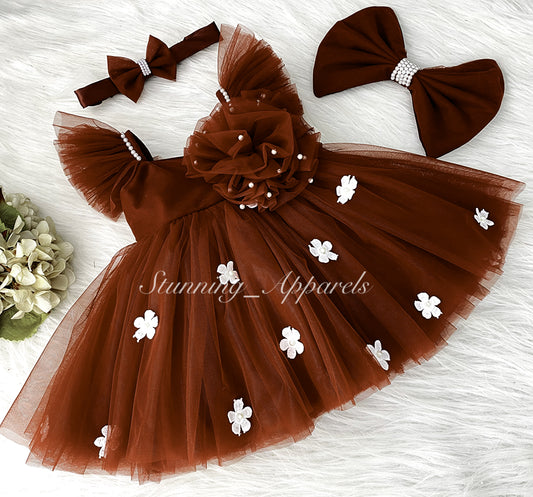 White Flower Work Strapped Sleeves Iron Rust Frock