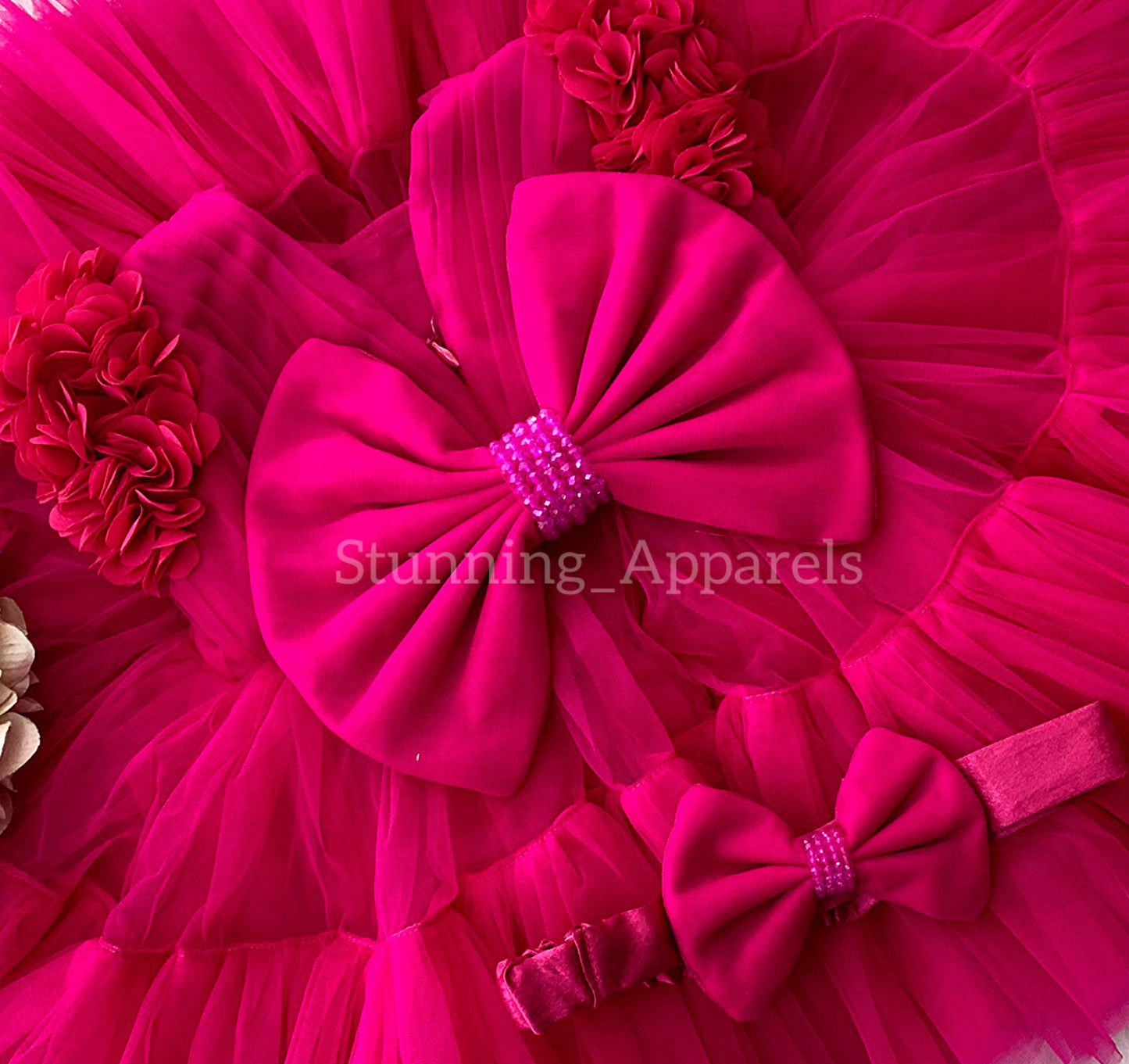 Beautiful Cape Sleeves Flower Work Ruffled Magenta Pink Frock