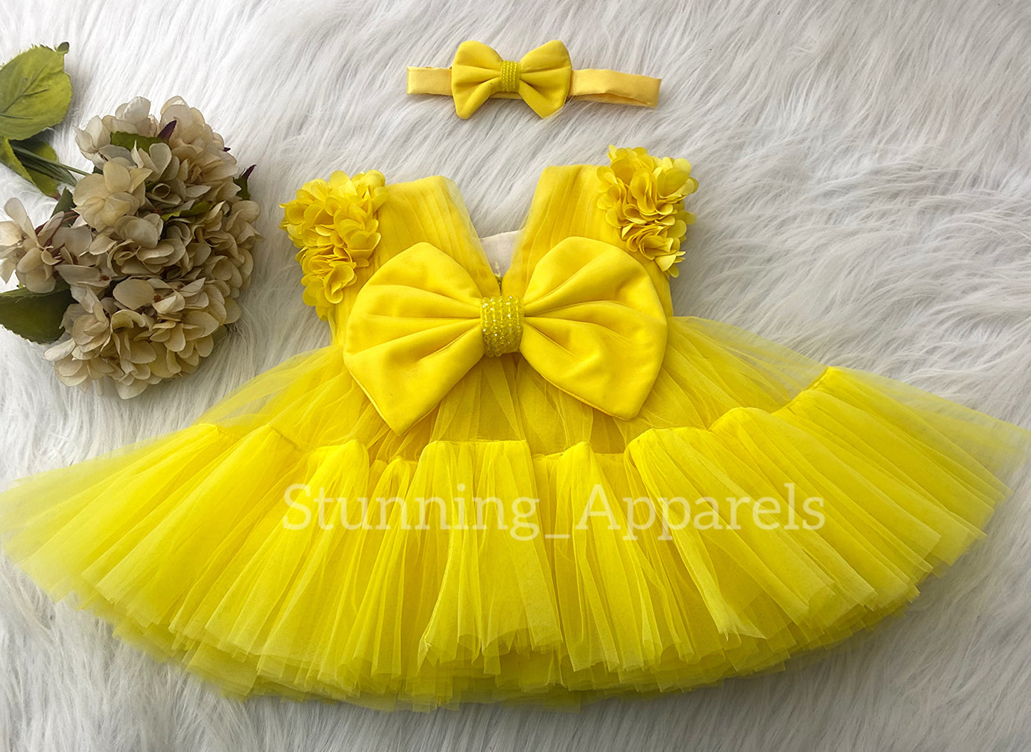 Beautiful Cape Sleeves Flower Work Ruffled Yellow Frock