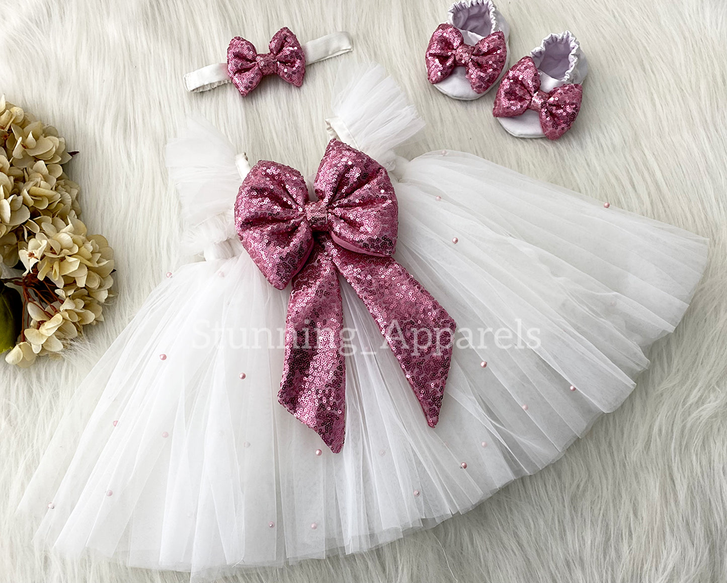 Baby Pink Sequins Bow Party Wear White Umbrella Dress