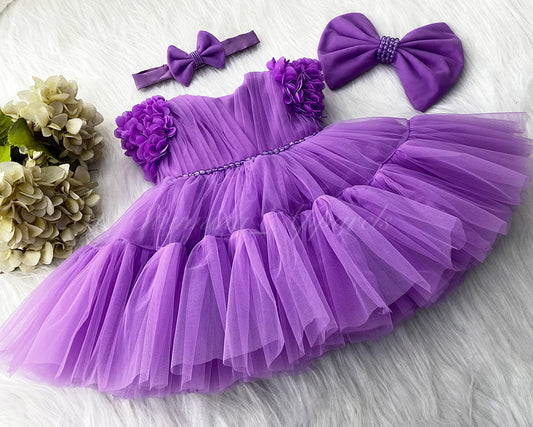 Beautiful Cape Sleeves Flower Work Ruffled Lavender Frock