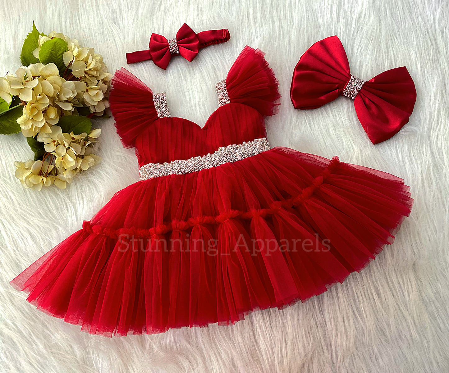 Designer Sweetheart Neckline Hand Work Red Frock