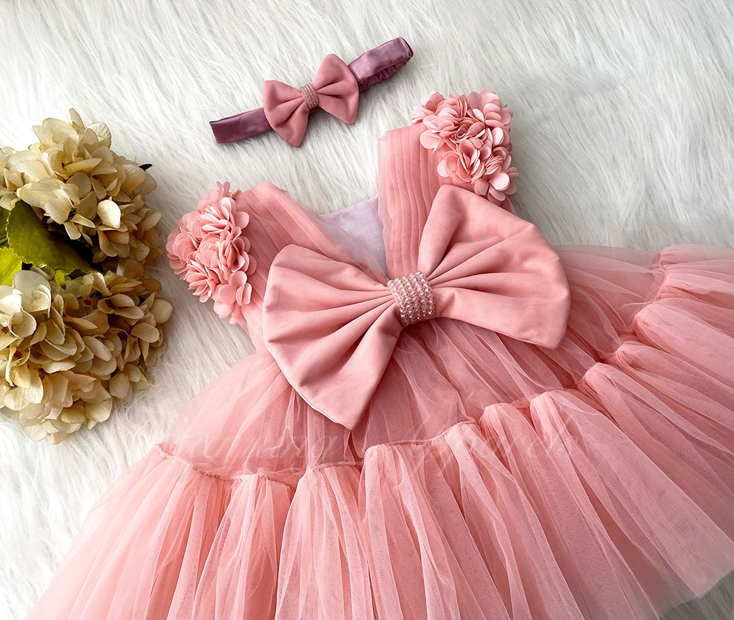 Beautiful Cape Sleeves Flower Work Ruffled Peach Frock