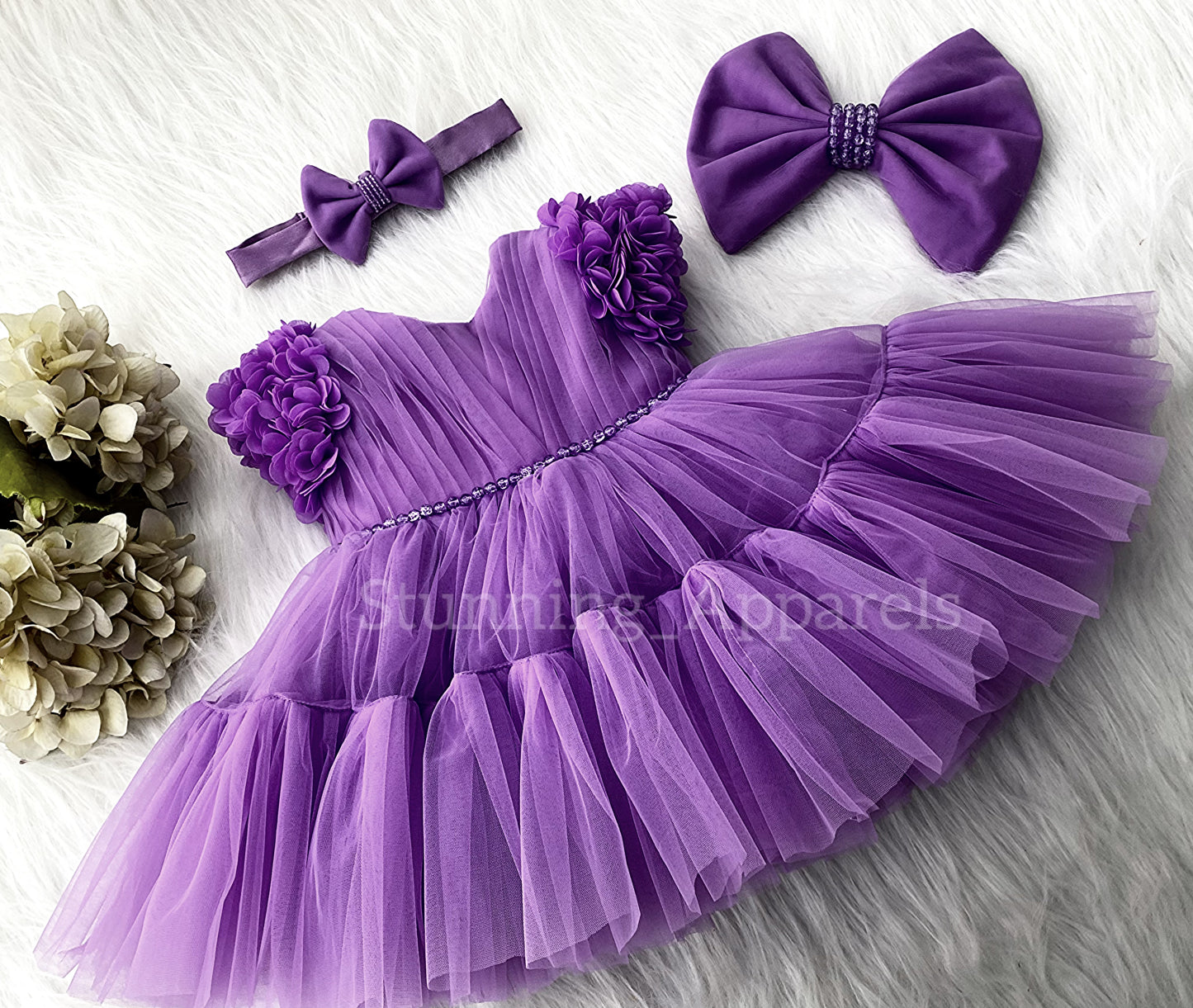 Beautiful Cape Sleeves Flower Work Ruffled Dark Lavender Frock