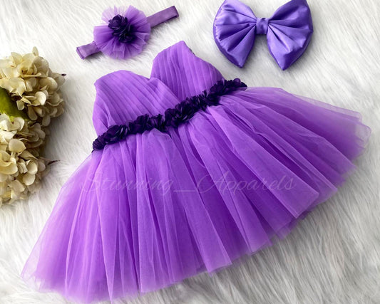 Waist Line Dark Lavender Flower Work Lavender Frock