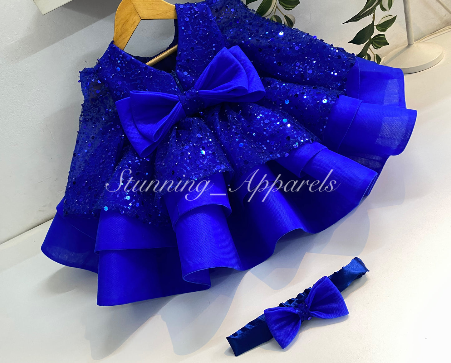 Designer Premium Long Sleeves Beads Sequins Royal Blue Dress