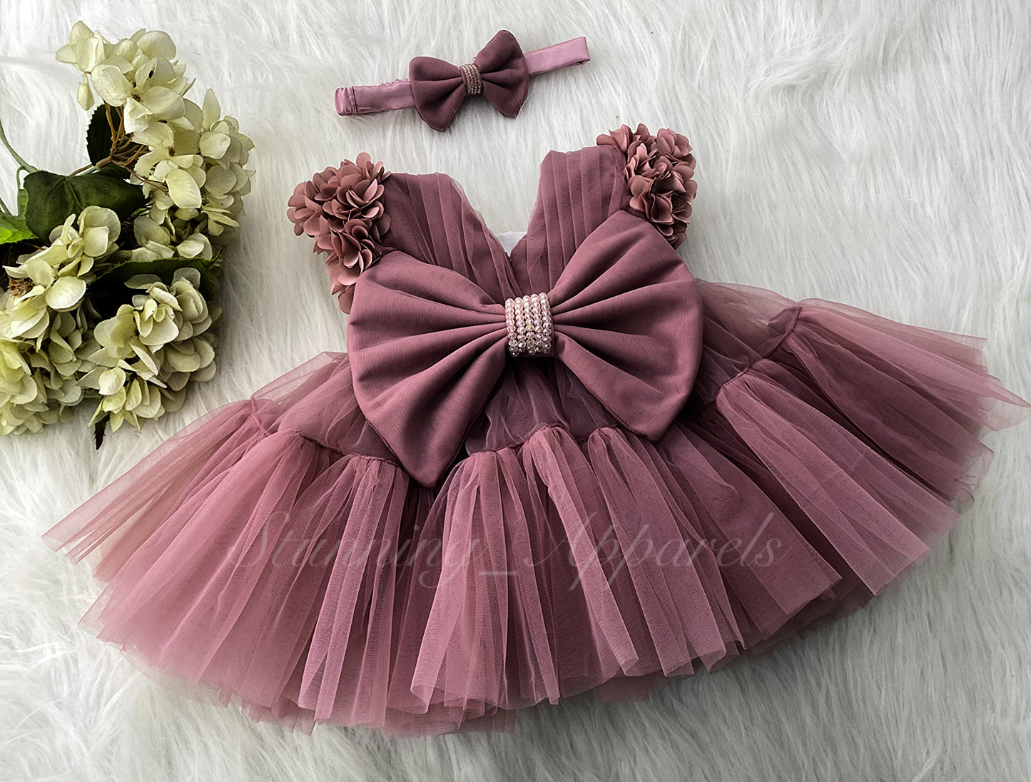 Beautiful Cape Sleeves Flower Work Ruffled Brown Frock