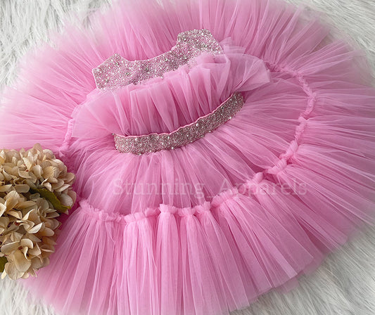 Designer Neckline Hand Work Party Wear Baby Pink Dress