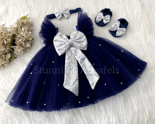 Silver Sequins Bow Party Wear Navy Blue Umbrella Dress