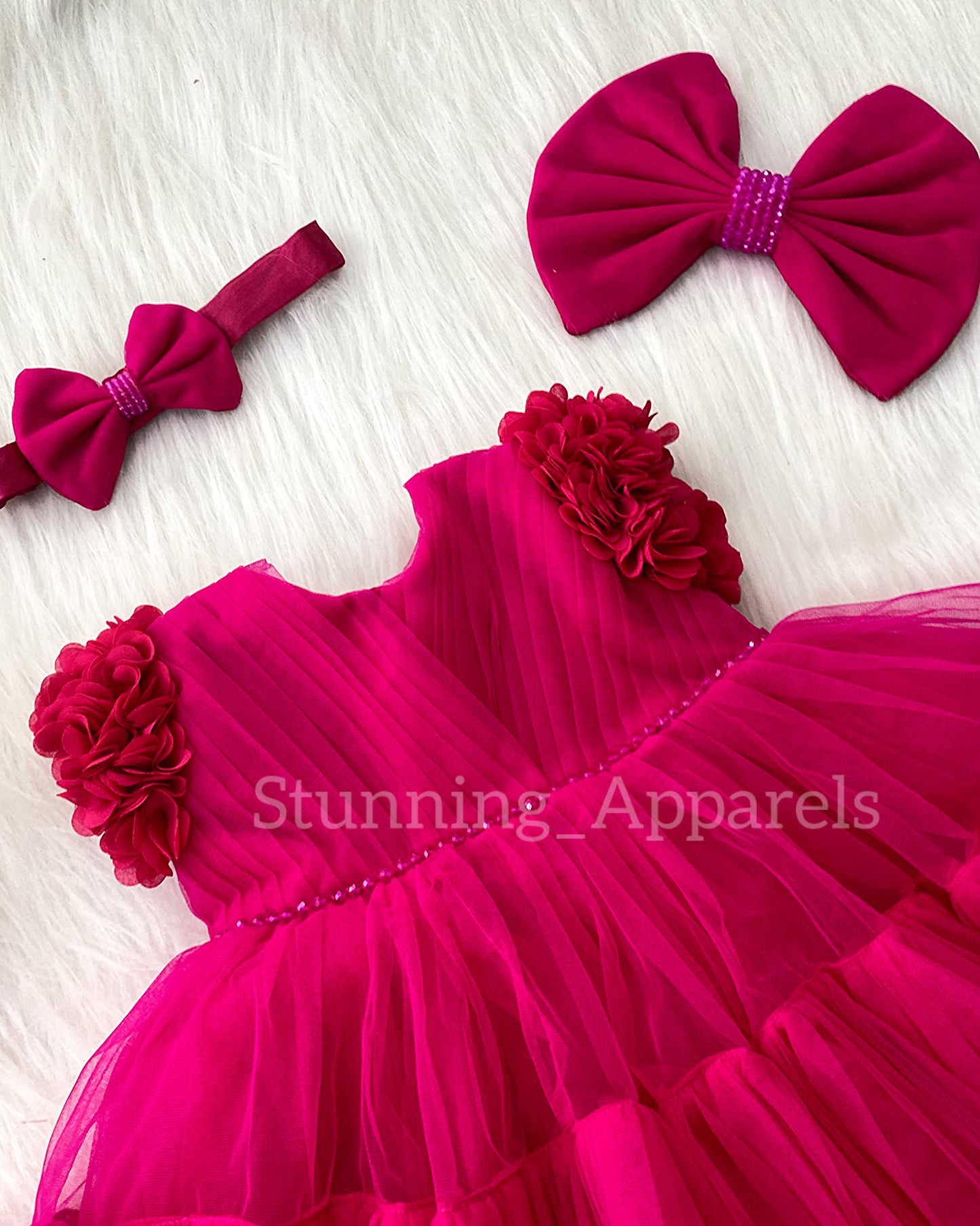 Beautiful Cape Sleeves Flower Work Ruffled Magenta Pink Frock