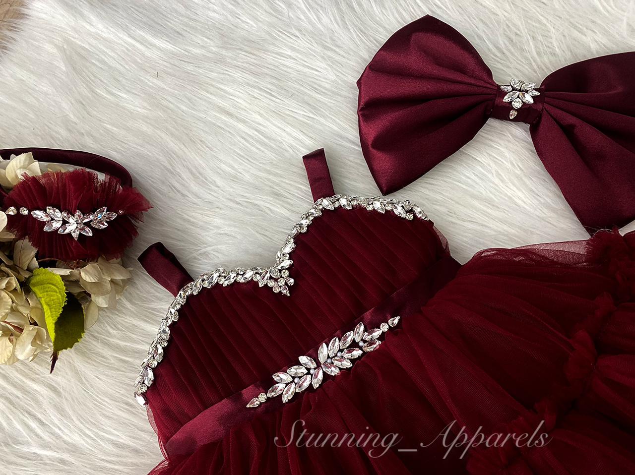 Designer Stone and Diamond Work Ruffled Maroon Dress