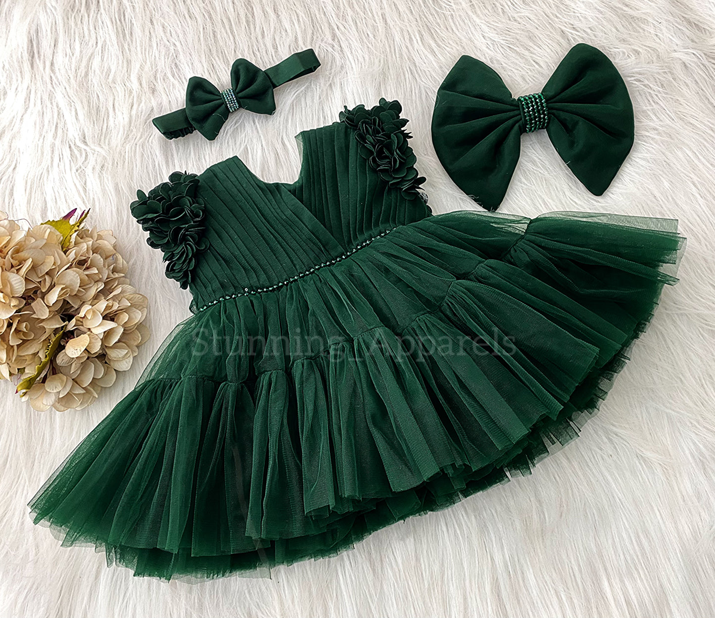 Beautiful Cape Sleeves Flower Work Ruffled Dark Green Frock