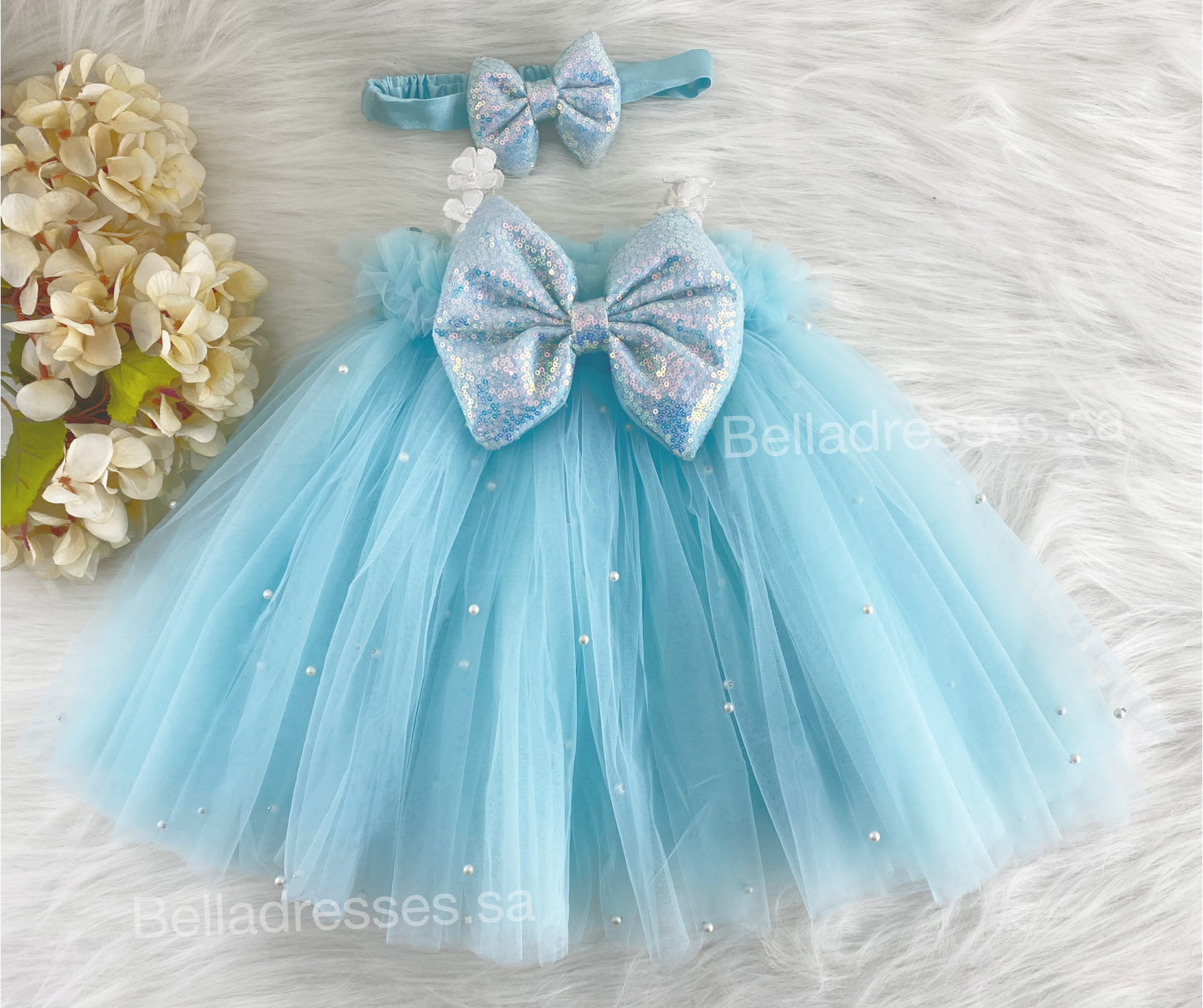 White Flower Strapped  Sequins Bow Party Wear Sky Blue Umbrella Dress