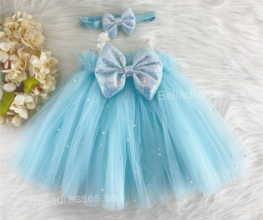 White Flower Strapped  Sequins Bow Party Wear Sky Blue Umbrella Dress