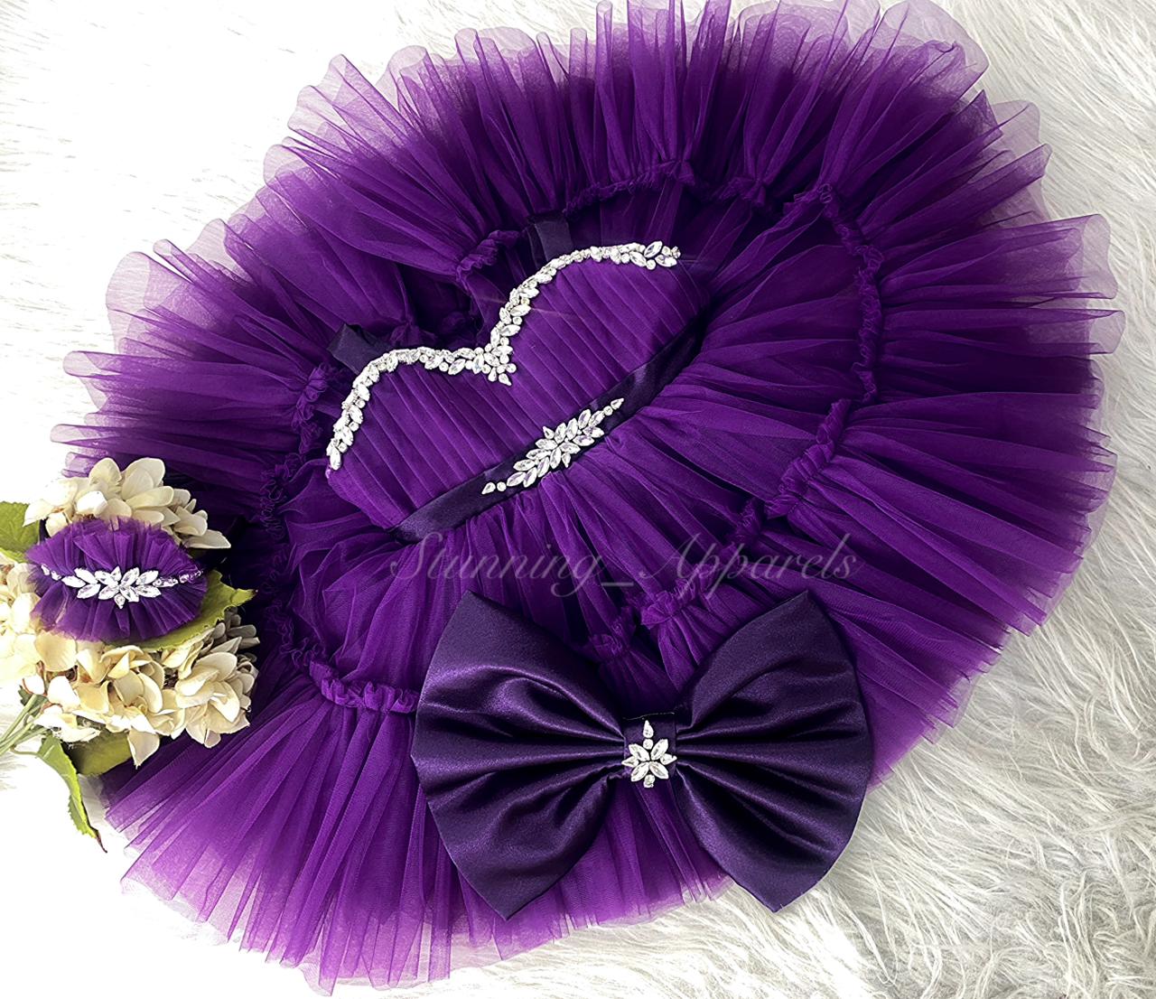 Designer Stone and Diamond Work Ruffled Purple Dress