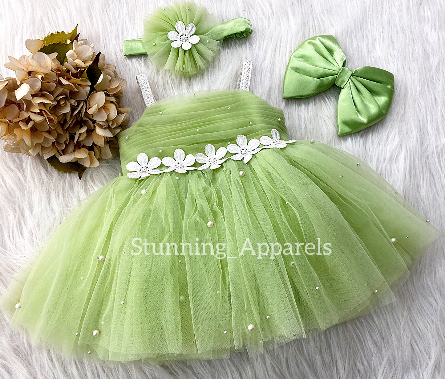 White Flower Work Party Wear Pista Green Dress
