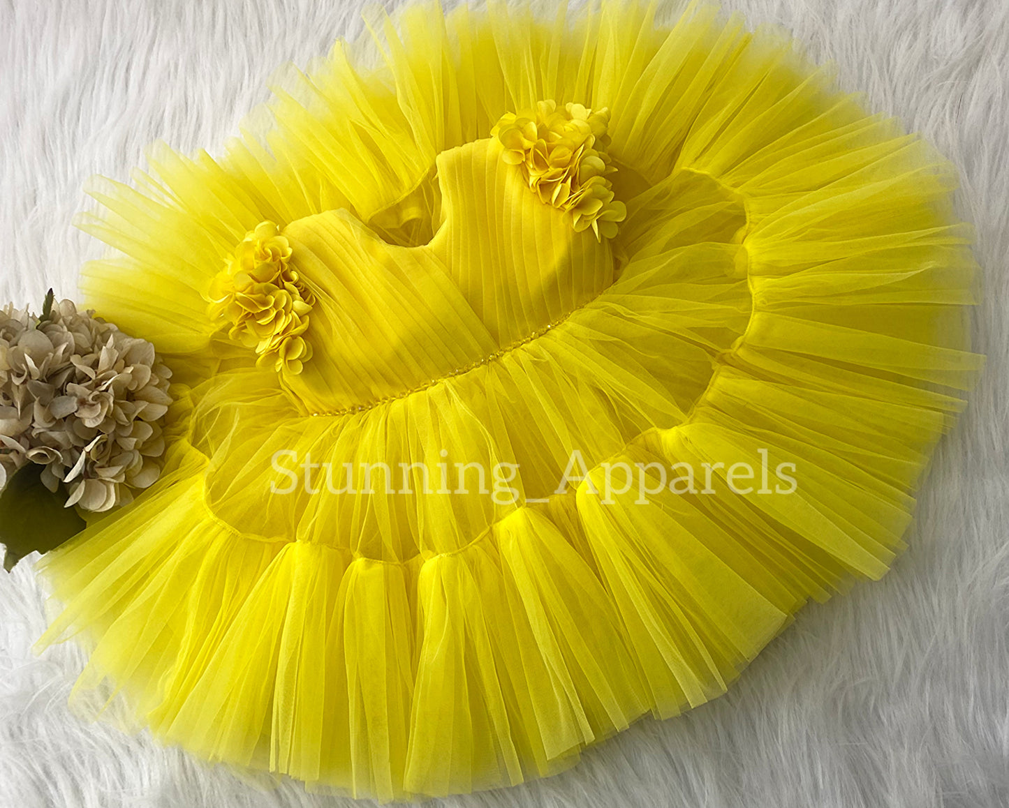 Beautiful Cape Sleeves Flower Work Ruffled Yellow Frock
