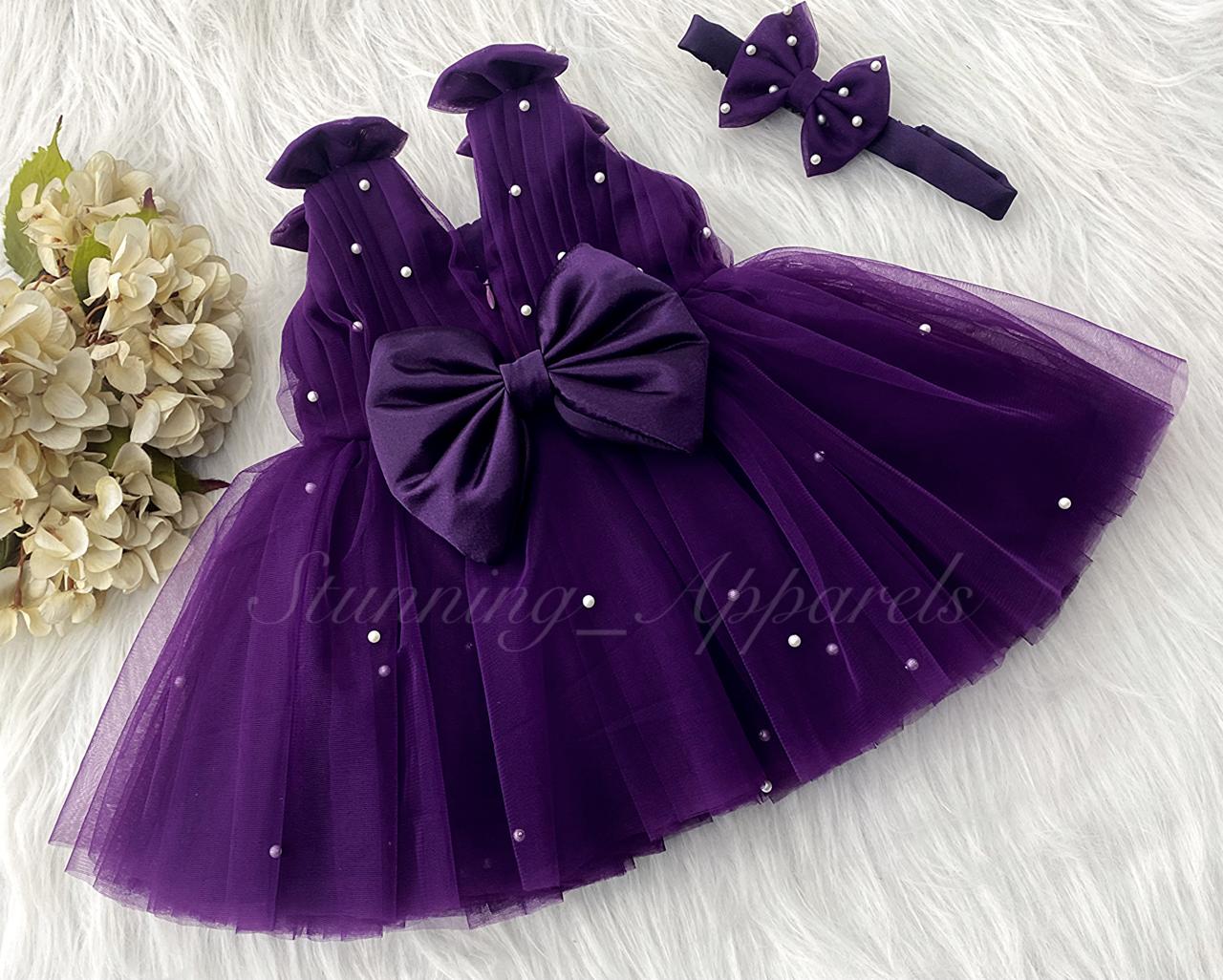Shoulder Bow Pearls Work Purple Frock