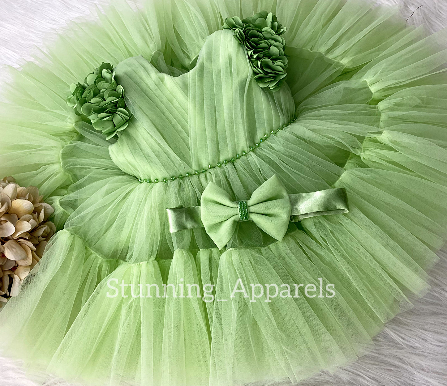 Beautiful Cape Sleeves Flower Work Ruffled Pista Greesn Frock