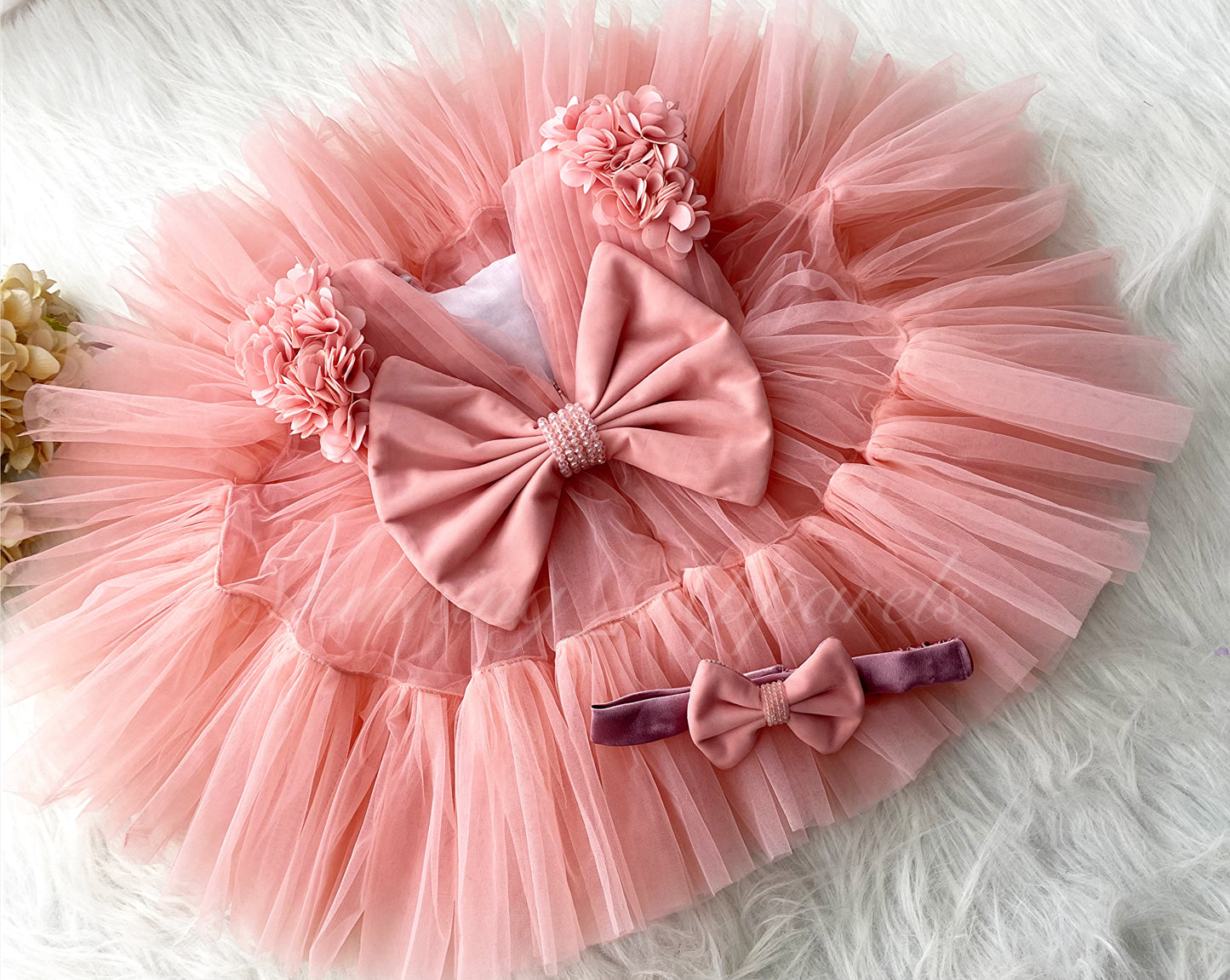 Beautiful Cape Sleeves Flower Work Ruffled Peach Frock