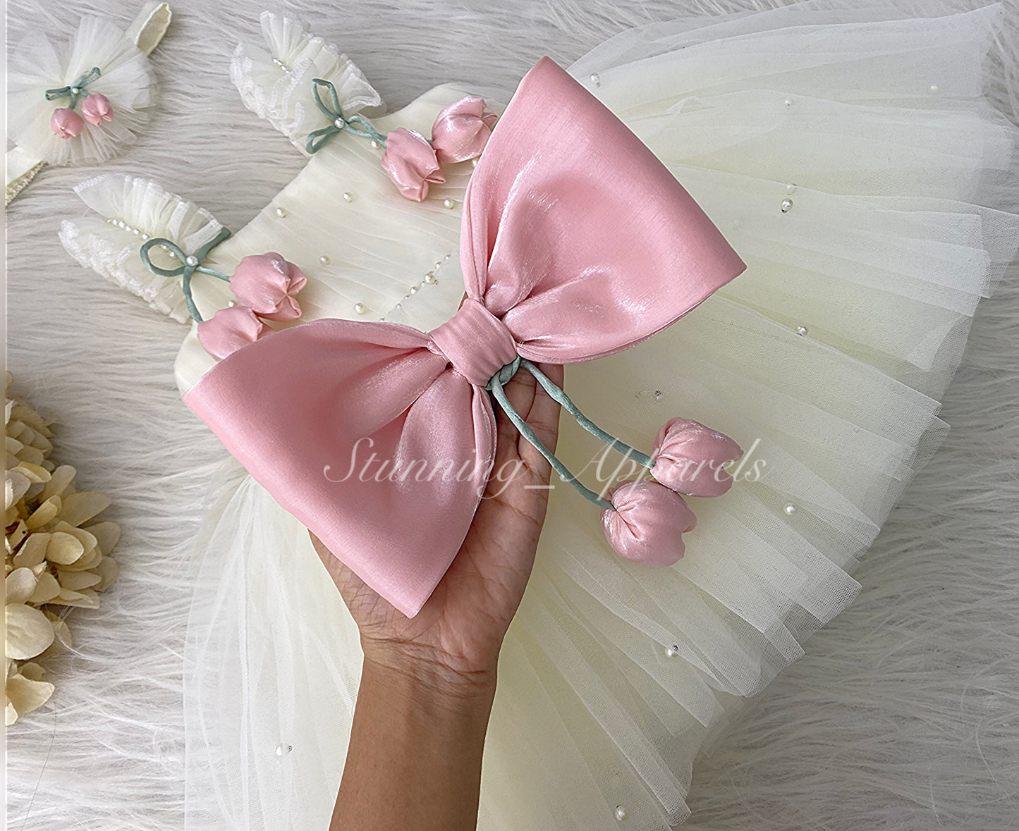Peach Tulip Flower Work Party Wear Cream Dress
