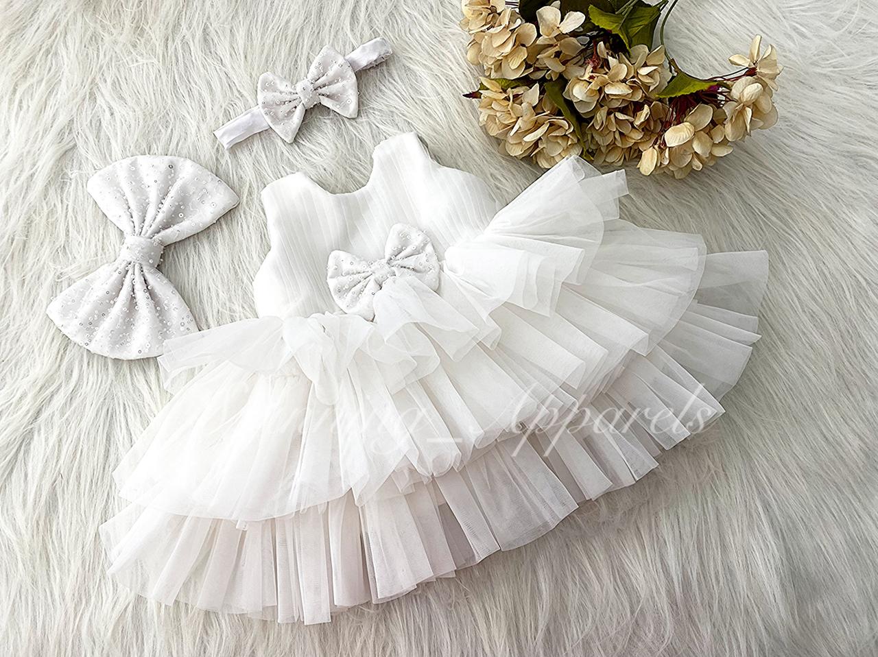 Three Layered Double Folded Stylish White Frock