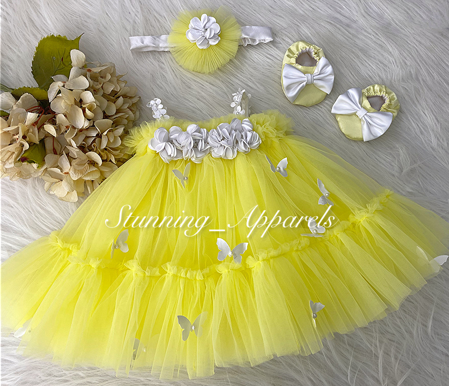 Butterfly Work Cute Party Wear Lemon Yellow Umbrella Dress