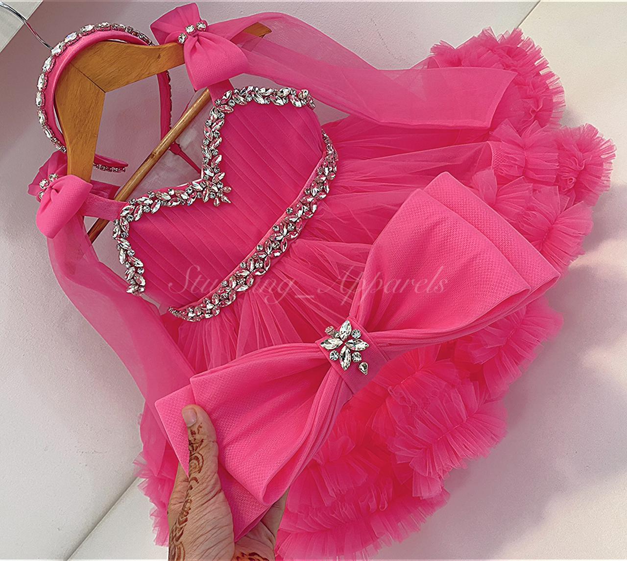 Designer Premium Hand Work Flamingo Pink Dress