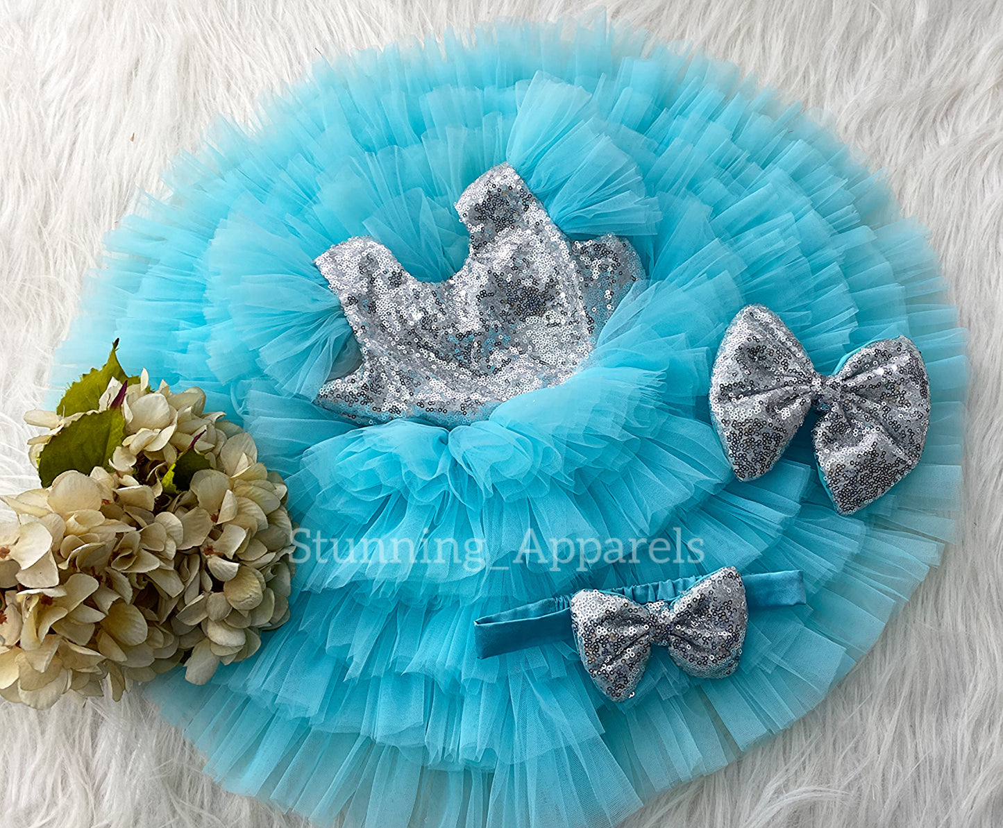 Silver Sequins Bow Stylish Lyered Dark Sky Blue Frock