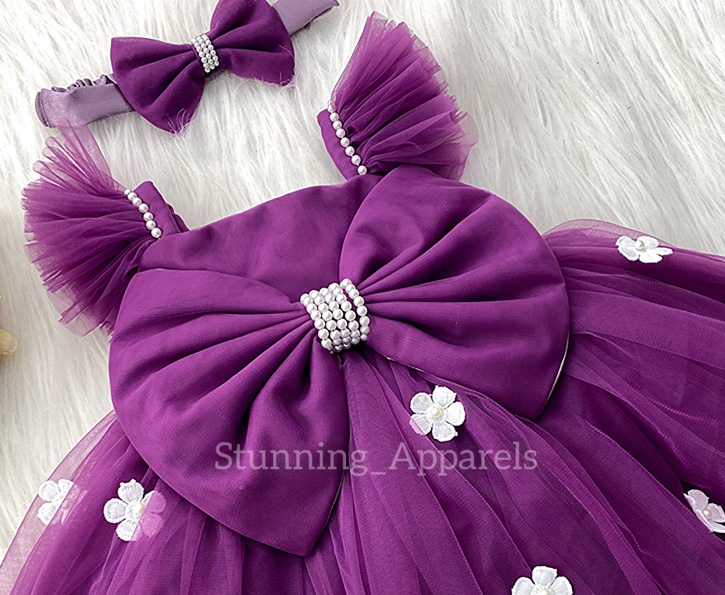White Flower Work Strapped Sleeves Deep Orchid Frock