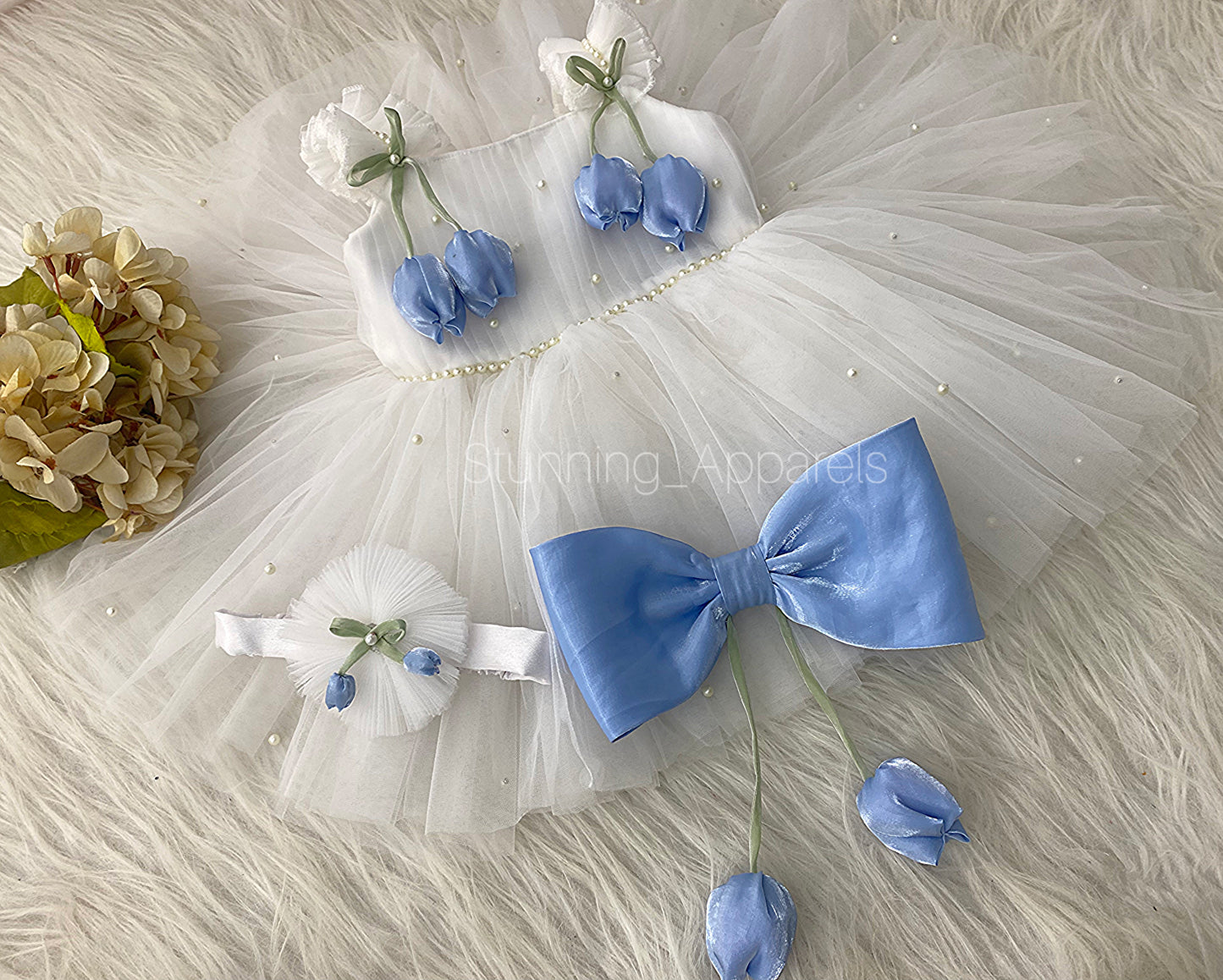 Pastel Blue Tulip Flower Work Party Wear White Dress