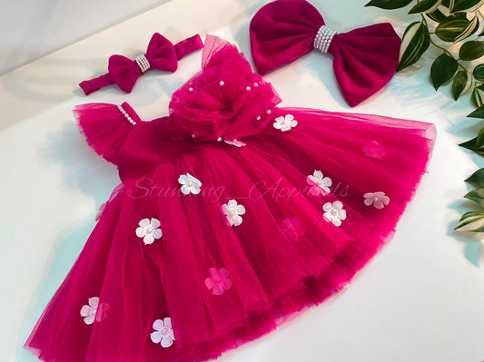 White Flower Work Strapped Sleeves  Magenta Pink Frock
