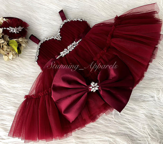 Designer Stone and Diamond Work Ruffled Maroon Dress